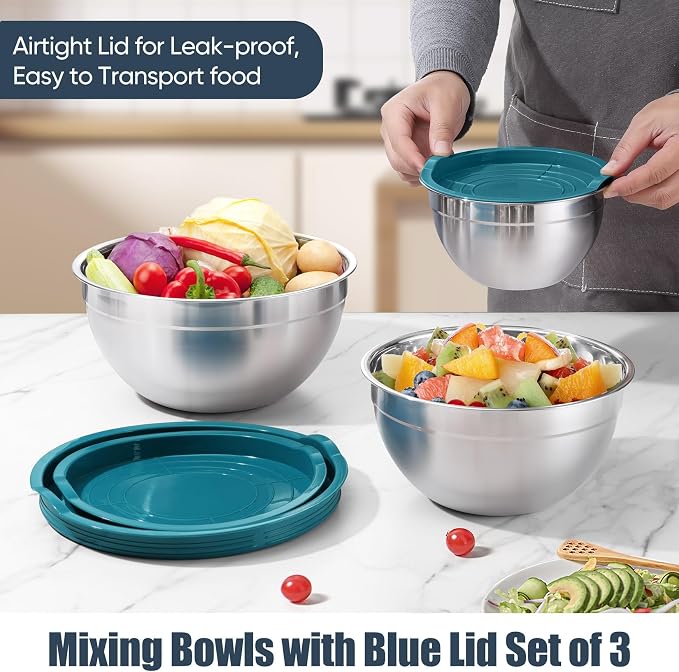 P&P CHEF Stainless Steel Mixing Bowls with Lids, Set of 3, Blue | Nesting Salad Bowl, Sturdy& Rust Proof, Airtight & Stackable, Suit for Mixing, Storing, Prepping, 3 Size - 4.6/3 /1.5 QT