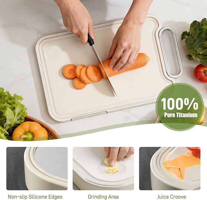 Titanium Cutting Board for Kitchen Double Sided Pure Titanium Chopping Board, 100% Pure Titanium & Wheat Straw PP Food Grade Metal Cutting Board, Non-Slip Durable Easy to Clean (Large)