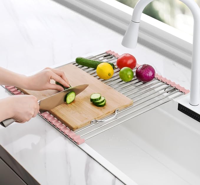 Tomorotec Roll Up Dish Drying Rack Over Sink, 304 Steel, 17.7x15.5, Pink | Anti-Slip Silicone Rims For Grip, Heat-Resistant Trivet Mat Holding Heavy Cookware, Rustproof Kitchen Counter Space Saver