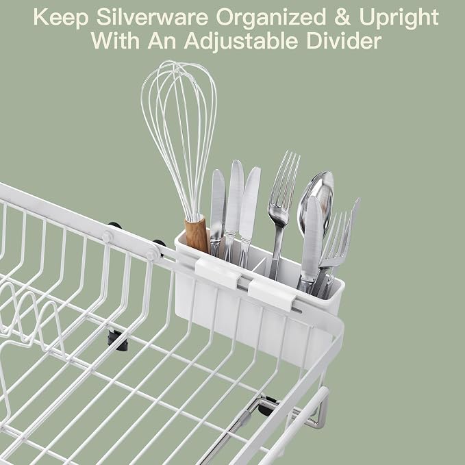 White Dish Drying Rack Over The Sink with Utensil Holder, Mat | Expandable Stainless Steel Dish Drainer for Small Kitchen, Apartment, RV, Counter Space Saving, Perfect Fit, Rustproof