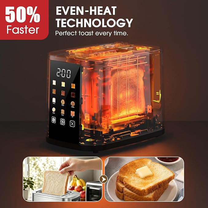 Foyoconven 2 Slice Toaster with Touch Screen, 1.5" Extra Wide Slots for Bagels & Thick Bread, Stainless Steel, Digital Countdown Timer, 6 Shade Settings, Defrost/Reheat/Cancel, Removable Crumb Tray