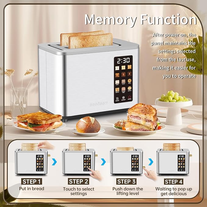 SEEDEEM Touchscreen Toaster 2 Slice, Stainless Steel, 6 Shade, 900W, Silver