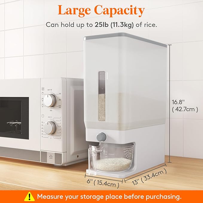 Lifewit Rice Dispenser 25 Lbs, Airtight Storage with Measuring Cup, Clear | BPA-Free 11.3kg Capacity Storage Container for Beans, Corn & Other Small Grains, One-Press Dispensing Bin for Kitchen Pantry