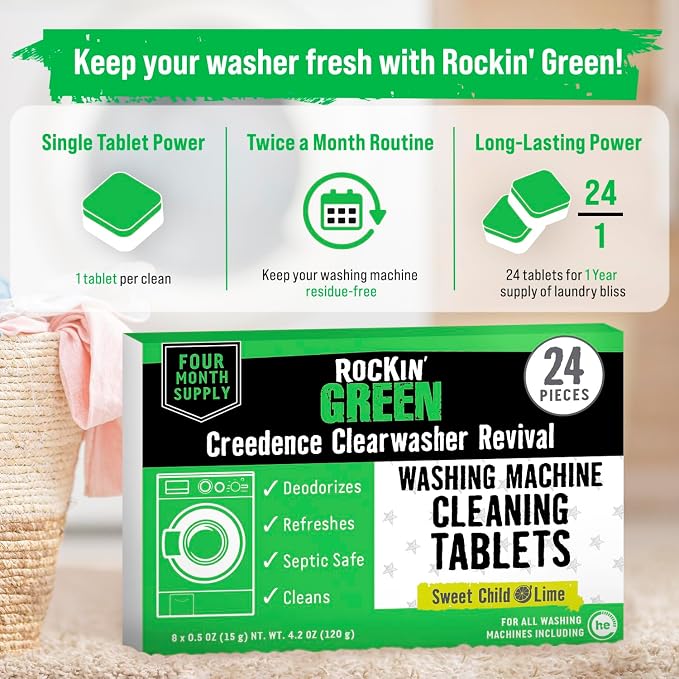 Rockin' Green Washing Machine Cleaner Citrus Lime 24 Pk | Deep Cleaning, Deodorizing, for Dishwashers Washing Machines Garbage Disposals, Removes Odor and Residue