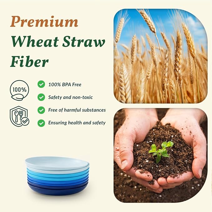 Dessert Plates Set of 8-8 inch Plate Set Wheat Straw Plates for Kitchen Unbreakable Plate for Dessert, Appetizer,Pancakes, Microwave & Dishwasher Safe Kitchen Essentials(Blue Series)