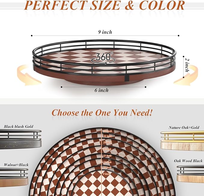 AMH 9-Inch Brown Checkerboard Lazy Susan Organizer with Black Metal Rail | Smooth rotating oak tray with walnut finish for dining tables, kitchen counters, pantries and cabinet storage.