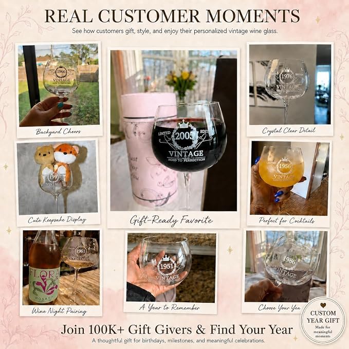 70th Birthday Gifts for Women, Vintage 1956 Engraved Wine Glass in Gift Box | Gift For Her Turning 70, Mom, Sister, Friend, Lightweight Thin-Rimmed Glass, Elegant Design, Birthday Decoration