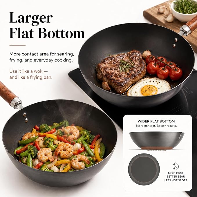 10.2-Inch Nitrided Carbon Steel Wok with Lid, Flat Bottom | 3.7-Qt wok with tempered glass lid for 1-3 servings; lightweight, induction compatible, coating-free, and seasoning required.
