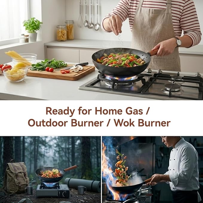 WANGYUANJI 11 Inch Round Bottom Iron Wok, Hand-Hammered Uncoated Wok with Wooden Handle, Traditional Stir-Fry Pan for Gas Stove or Wok Ring, Not for Flat Cooktops