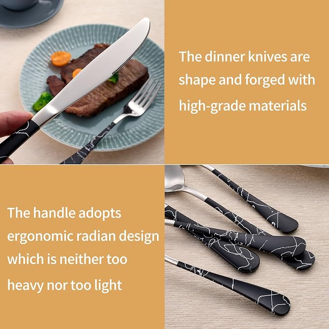 20-Piece Black crack Silverware Set 18/0 Stainless Steel Silverware Set Black crack Handle Cutlery Set Service for 4 Dinner Knives Forks Spoons Set Flatware Set Finish Dishwasher Safe