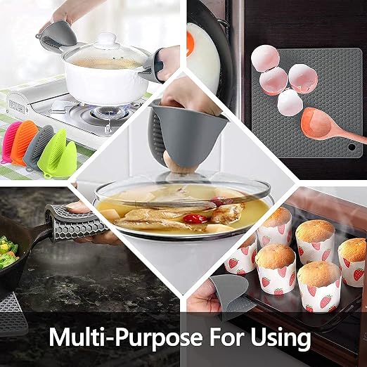 6pcs Silicone Oven Mitts and Pot Holders Sets for Kitchen, Gray | 500°F heat resistant, cotton lining, honeycomb non-slip texture, 15-inch forearm protection, baking cooking gloves