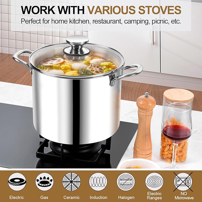 P&P CHEF 12 Quart Tri-Ply Stainless Steel Stock Pot, Cooking Pot with Lid | 12 Qt Stockpot for Soup Pasta Vegetable, Induction Cookware for All Stoves, Sturdy & Double Handle, Oven & Dishwasher Safe