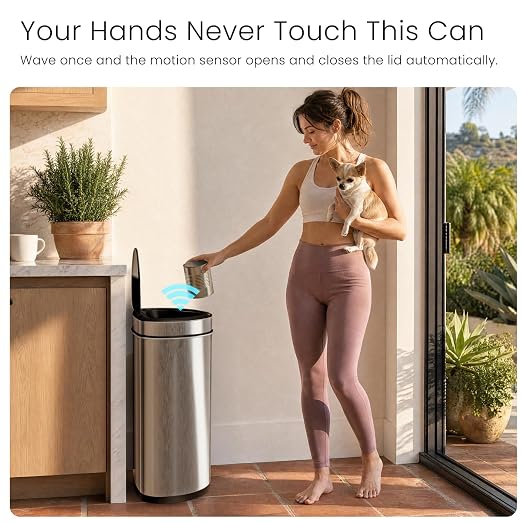 Home Zone Living 13 Gallon Motion Sensor Trash Can with Automatic Lid | Stainless Steel with Touch Control Lid, Hands-Free Operation for Kitchens, Flat Back Semi-Round Shape, Silver