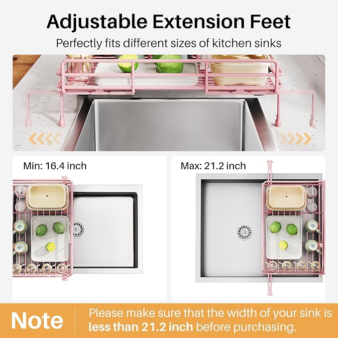 SNTD Expandable Dish Drying Rack for Kitchen Counter, Stainless Steel, Pink | Foldable Over Sink, Large Capacity, Adjust to Fit Most Sinks, Angled Drainboard, Removable Utensil Holder, Slip Resistant