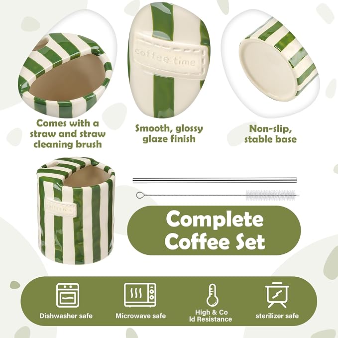 1 Pack Ceramic Mug with Sip Hole, Simple, Green | 10oz Ceramic Coffee Cup with Straws, Retro Hand Painted Striped, for Iced Coffee Tea Latte Espresso, Kitchen Dining Travel