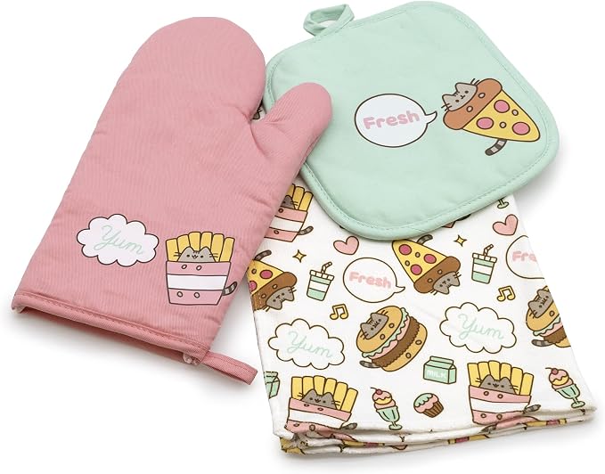 Pusheen The Cat - 3 Piece Kitchen Set collection - Pot Holder, Oven Mitt, and Towel