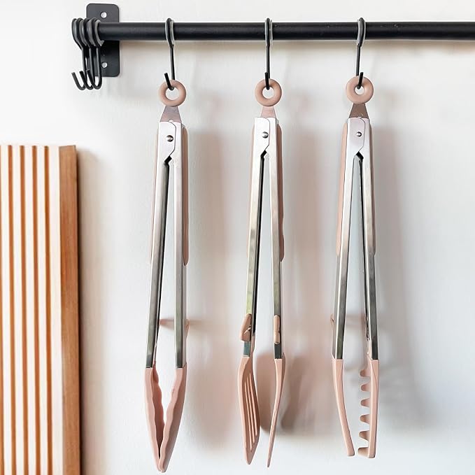 12" Kitchen Tongs for cooking with Silicone Tips, 3Pcs Serving Tongs, Pink | Small Silicone Tongs mit kickstand, Food Grade, 3 different type of tongs, Stainless Steel