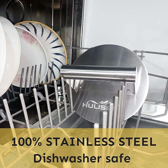 HULISEN Stainless Steel Burger Press, 6.2 inch Round Burger Smasher, Professional Griddle Accessories Kit, Grill Press Perfect for Flat Top Griddle Grill Cooking | Flat Edge, Even Pressure for Thin Patties, Dishwasher Safe, Griddle Accessories Fit Flat...
