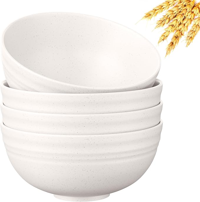 Quatish 4 PCS Unbreakable Cereal Bowls,Dishwasher & Microwave Safe Wheat Straw Bowls, Easy-to-Clean Lightweight Desserts & Soup Bowl, Portable for Picnics ，Snack Plastic Bowls Set,Beige