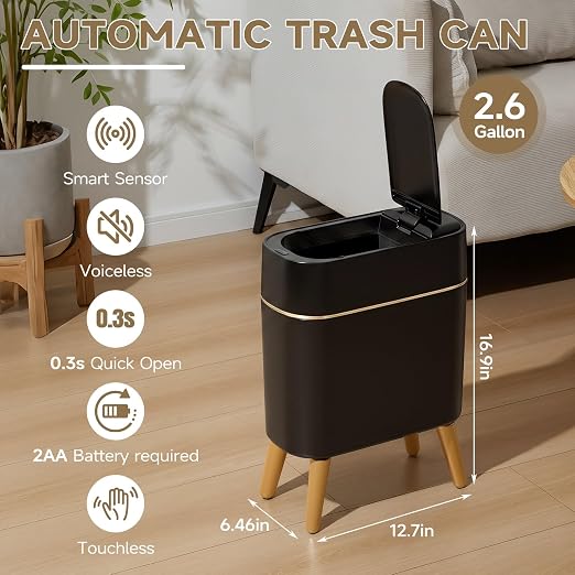 Black and Gold Sensor Trash Can Bathroom,Smart Plastic Wastebasket | Waterproof,Narrow,Motion Sensor, Convenient and Hygienic Easy to Use，2.6 gallon Small Garbage Can for Office,Bedroom,Kitchen
