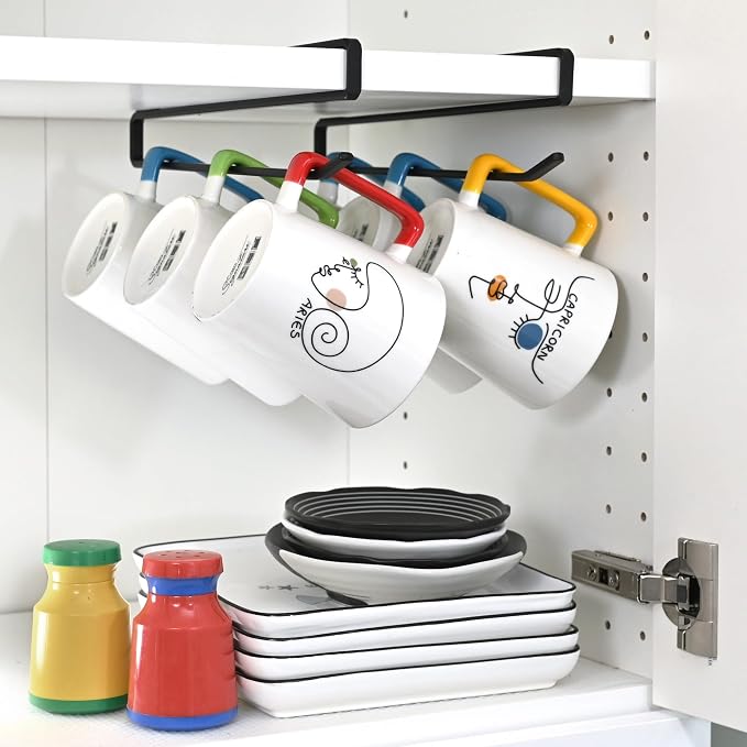 Coffee Mug Hanger for Cabinet, Clip-On Shelf, for Cups, Utensil, Tumbler Lid, Screwless Install (Pack of 6), Fits Shelves up to 3/4"