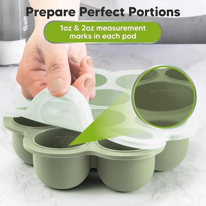 KeaBabies Silicone Food Freezer Trays with Lid, 2oz x 10 Pods (Sage) | Baby Food Storage Containers, Easy Puree Meal Prep, Breast Milk Silicone Freezer Molds, Dishwasher, Microwave Safe, BPA-Free
