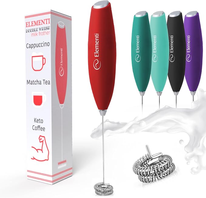 Elementi Milk Frother Wand - Easy to Use Handheld Electric Stirrer for Powder Drinks, Durable & Powerful Coffee Whisk & Protein Powder Mixer Wand, Hand Frother, Coffee Stirrers Electric (Red)