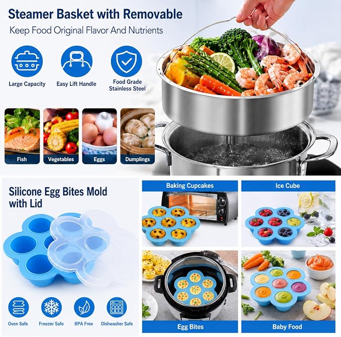 Accessories for Instant Pot, 73 PCS Accessories for Pressure Cooker for 5/6/8 Qt Electric Pressure Cooker -2 Steamer Baskets, Steamer Rack, Non-stick Springform Pan, Egg Rack