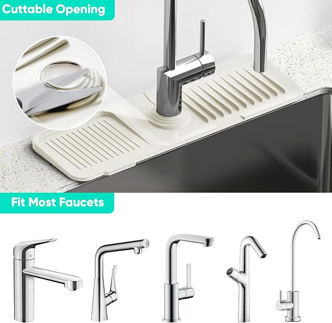 17.7inch Faucet Mat for Kitchen Sink [5°Slope Fast Self-draining] Faucet Mat Kitchen Sink Splash Guard Silicone Sink Splash Guard Kitchen Sink Area Tidy Splash Faucet Guard Draining Mat-Beige