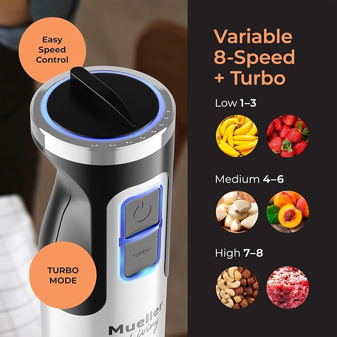 MuellerLiving Immersion Hand Blender Full Set - 8 Speed Immersion Blender, Hand Mixer with 7 Attachments: Stainless Steel Blade, Whisk, Milk Frother, Beater, Mixing Hooks, Potato Masher, Chopper Bowl | Mixer with 7 Attachments: Stainless Steel Blade, W...