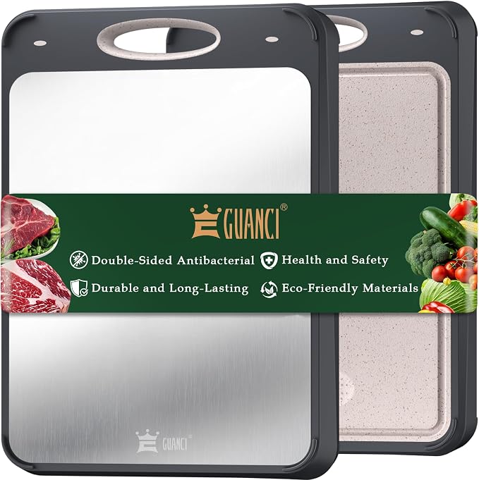 Stainless Steel Cutting Board for Kitchen, Non Toxic 2-in-1 Double Sided Design, 304 Food Grade Stainless Steel & Wheat Straw PP, Durable Chopping Board for Meat & Vegetables, 14×9.6 Inch