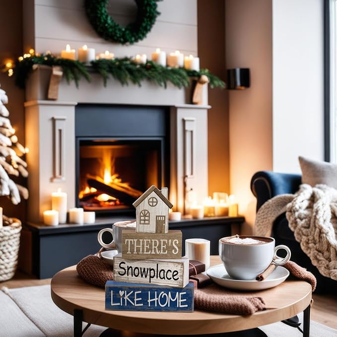 Lineshading 4 Pcs Wood Block Signs Farmhouse Tiered Tray Stacked House | Rustic Tabletop Signs with Winter Sentiment, Stackable for Shelf or Mantel, Seasonal Home Accent, Distressed Finish
