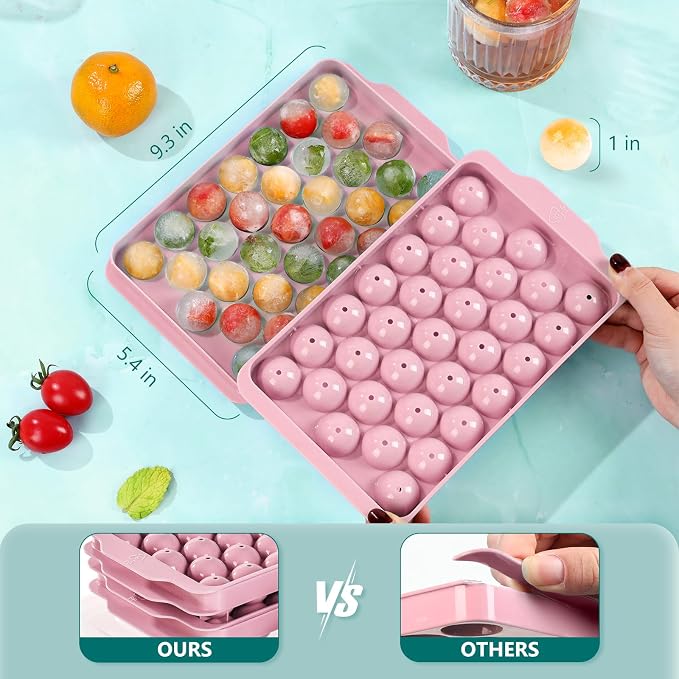 Optish Ice Cube Tray with Lid and Bin, 3 Pack Ice Trays for Freezer, 99 Pcs Round Ice Cube Mold, Ices Maker Bucket with Scoop for Cocktail, Coffee, Rv Accessories, Easy to Release (1 inch, Pink)