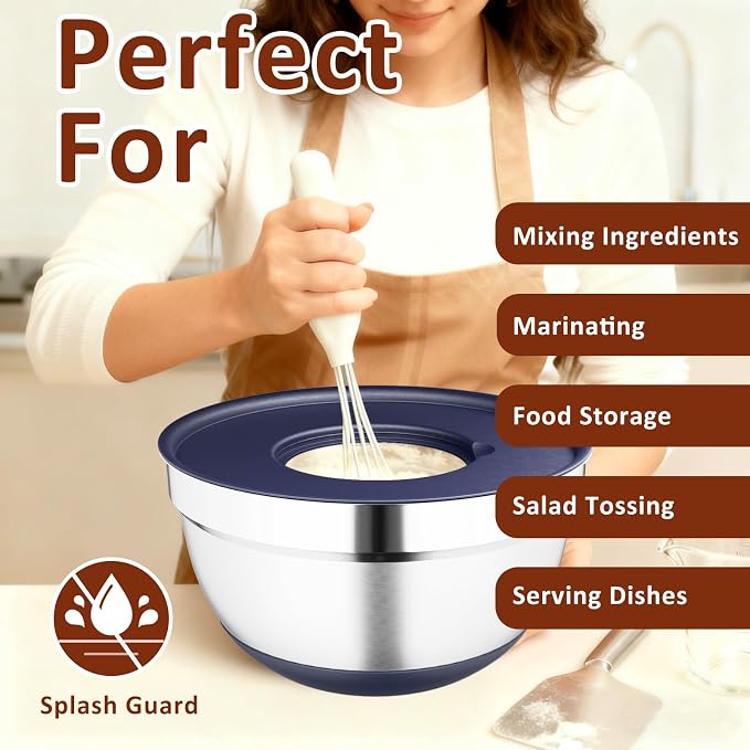 9 Pack Mixing Bowls with Airtight Lids & Grater Attachments, Navy | Stainless Steel Bowl, Non-slip Bases, Nesting Kitchen Bowl, Size 5, 4, 3, 2, 1.5,1QT,for Food Prep, Baking, Storage & Serving