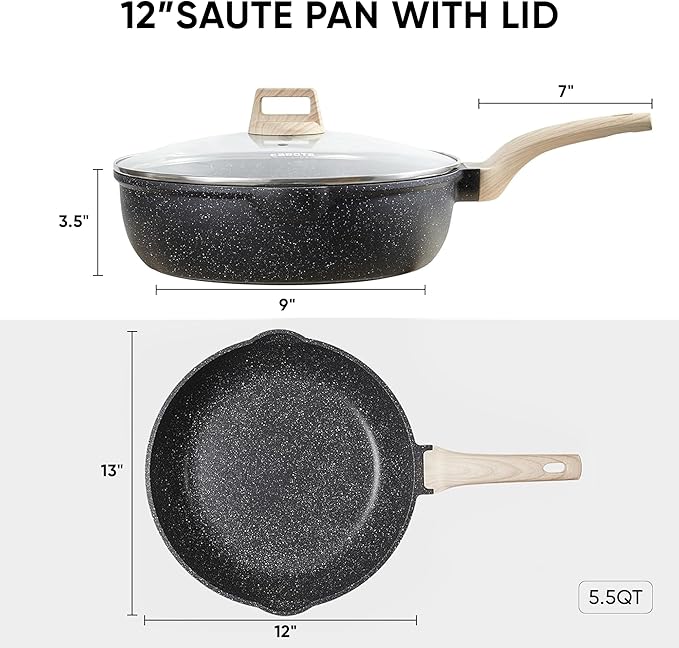 CAROTE 12 Inch Nonstick Deep Frying Pan with Lid, 5.5 Qt | Kitchen Non-Toxic PFOA Free Cookware, Covered Skillet All Stovetops Compatible , Black Granite