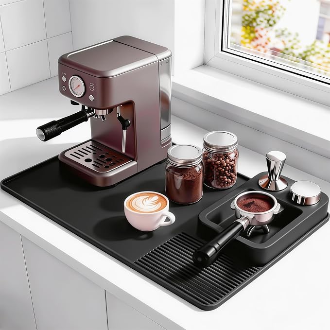 Silicone Coffee Mat and Espresso Tamping Mat, Detachable Espresso Mat Accessories, Coffee Bar Mat Suitable for Use Under coffee Maker, Dish Drying Mat for Kitchen Countertop Protector Mat, Black