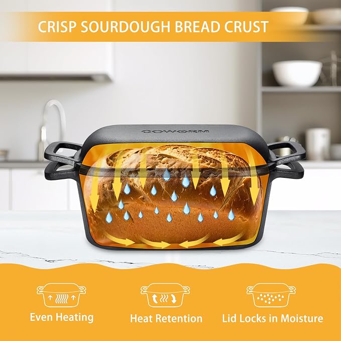 3.6 QT Cast Iron Loaf Bread Pan with Lid, Oval Dutch Oven for Bread Baking | Pre-Seasoned, Even Heat, Easy Release, Heavy-Duty, Oven Mitts & Recipe Book Included