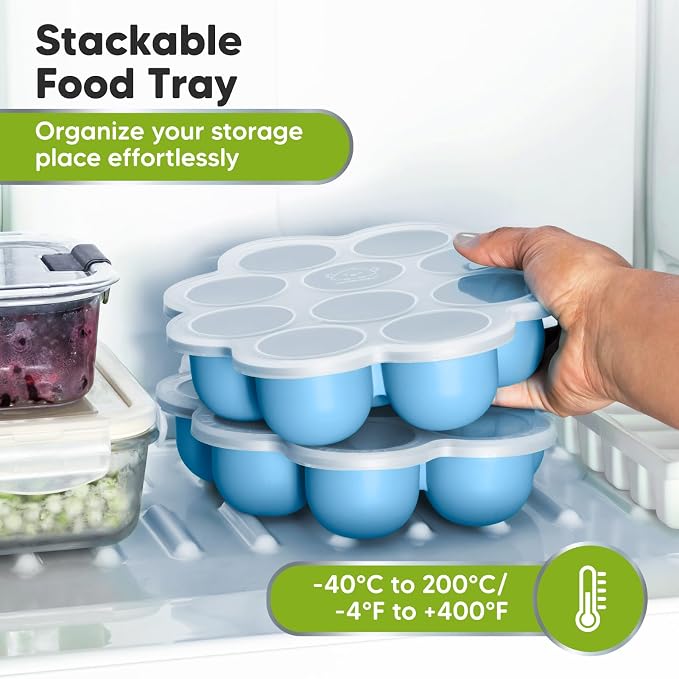 KeaBabies Silicone Food Freezer Trays with Lid, 2oz x 10 Pods (Misty Blue) | Baby Food Storage Containers, Easy Puree Meal Prep, Breast Milk Silicone Freezer Molds, Dishwasher, Microwave Safe, BPA-Free