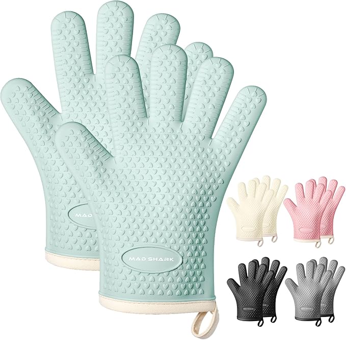MAD SHARK Silicone Oven Mitts with Fingers Heat Resistant 450°F in Kitchen | Waterproof & Non-Slip Oven Gloves,Cotton Lined Silicone Kitchen Mitts for Baking Cooking Barbecue,Women (Green)