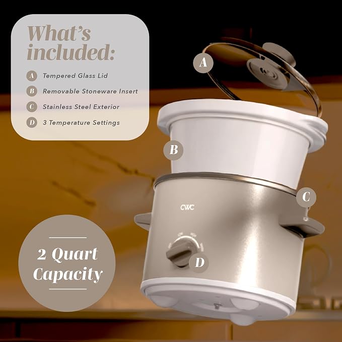 COOK WITH COLOR 2QT Mini Electric Round Slow Cooker - Adjustable Settings, Removable Stoneware Pot, Tempered Glass Lid, Dishwasher Safe, Cool-Touch Side Handles, Sand