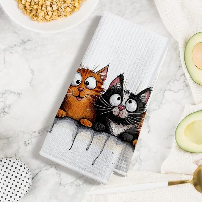 Jztco 4 Pcs Cute Cat Kitchen Towels, Funny Cats Absorbent Hand Tea Towel | Cats Dish Cloths for Drying Dishes, Waffle Dish Towels for Kitchen Bathroom Decor, Cat Lover Gifts for Women Mom