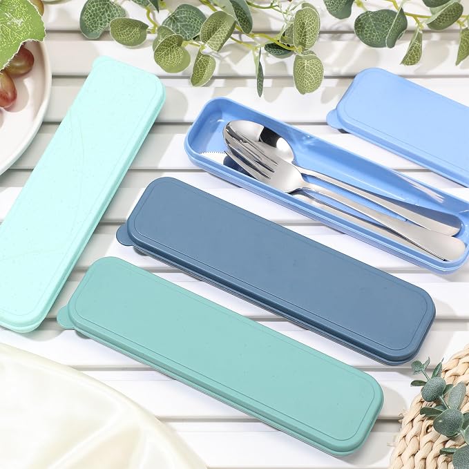 4 Pack Travel Silverware Set with Case for Lunch,Blue | Reusable Utensils with Case, Portable Flatware, Camping Cutlery, Fork Spoon Knife, for Work School, Dishwasher Safe