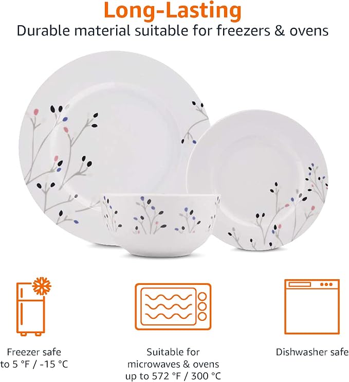 Amazon Basics 18-Piece Complete Kitchen Dinnerware Set, Microwave and Dishwasher Safe, Plates, Dishes, Bowls, Service for 6, Branches