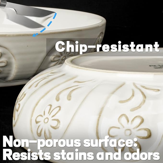 Pasta Bowls, 50oz Large Salad Serving Bowls, 9.75'' Plates Bowls Set of 4, Big White Ceramic Soup Bowls for Kitchen, Embossment Shallow Dinner Bowl, Microwave Dishwasher Safe, Pinwheel Flower