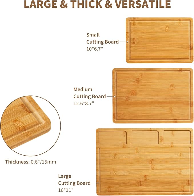 GarveeHome Bamboo Wood Cutting Boards Set of 3 with Compartments – Chopping Boards for Kitchen with Inner Handles and Juice Grooves, Ideal Serving Tray and Butcher Block for Meat, Vegetables