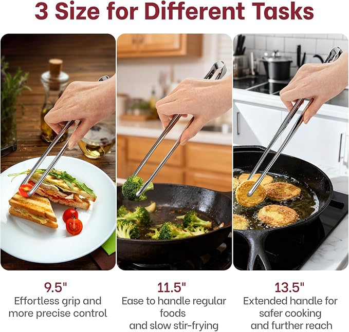 Precise Serrated Non-Slip Tips Cooking Tongs (9.5" & 11.5" & 13.5") | Durable 18/8 Stainless Steel Metal Tweezers Tongs, Lightweight Easy Control for Frying, Plating, BBQ, Easy to Care & Clean