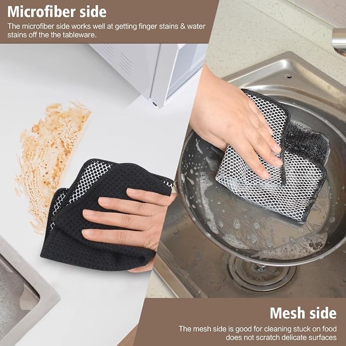 Dish Cloths for Washing Dishes with Scrub Side, Microfiber Dish Rags | Dual-sided microfiber dish cloths with scrubber for stuck-on food, quick dry kitchen washcloths 9 Pack, 9 Inch dark-black