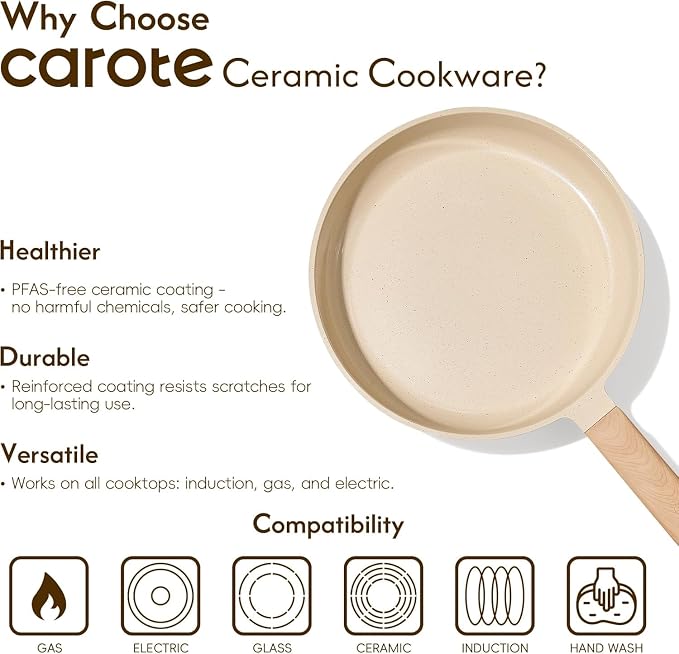 CAROTE 12" Frying Pan Set, Ceramic Frying Pan, Non-Toxic PTFE & PFOA Free Fry Pan & Omelet Pan, Compatible with Induction, Gas Cooktops