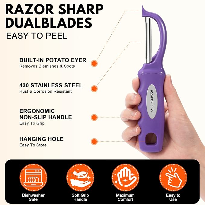 Rainspire Vegetable Peeler Potato Peelers for Kitchen, Sharp Stainless Steel Blades Veggie, Comfortable Handle Fruit Peeler, Carrot Peeler Apple Peeler Dishwasher Safe (2, Purple)