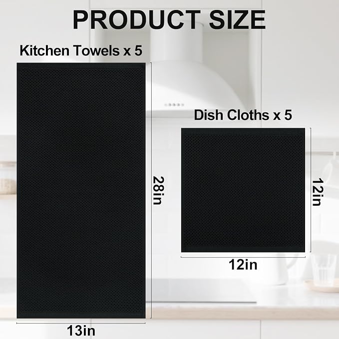 Homaxy 10 Pack 100% Cotton Kitchen Towels and Dishcloths Set, Black | 12 x 12 Inches and 13 x 28 Inches Kitchen Towels Set, Ultra Soft Absorbent Dish Cloths for Washing Dishes